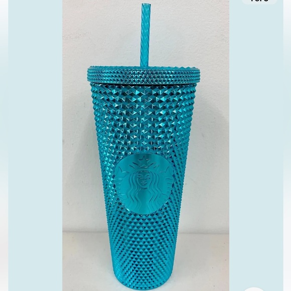 Starbucks Blue Metallic Chrome Studded Tumbler Cup 24oz & Keychain Ornament 2pc - Picture 8 of 9